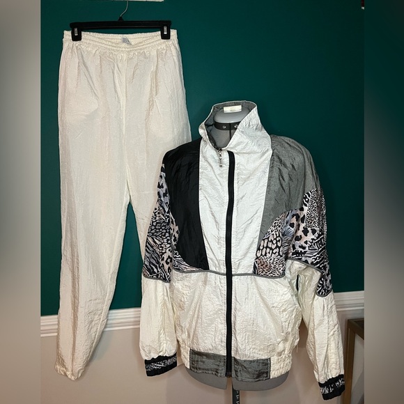 Vintage windbreaker set leopard print black gray and white retro sport - Picture 1 of 6